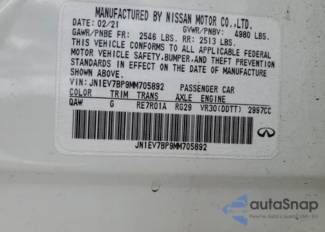 2021 Infiniti Q50 Luxe from USA, damaged, VIN JN1EV7BP9MM705892